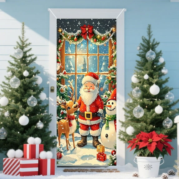 KOYPTL Christmas Front Door Curtain Cover 35x71In,Santas Claus Cover Decorations Banner,Merry Christmas Door Layout Background Ornament for Home Outdoor Winter Holiday Party Porch Wall Hanging Decor