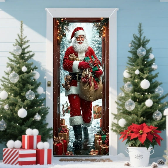 KOYPTL Christmas Front Door Curtain Cover 35x71In,Santas Claus Cover Decorations Banner,Merry Christmas Door Layout Background Ornament for Home Outdoor Winter Holiday Party Porch Wall Hanging Decor