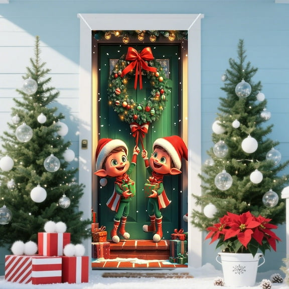 KOYPTL Christmas Front Door Curtain Cover 35x71In,Xmas Elf Cover Decorations Banner,Merry Christmas Door Layout Background Ornament for Home Outdoor Winter Holiday Party Porch Wall Hanging Decor