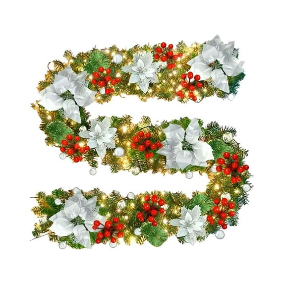 KOYPTL Christmas Garland 6FT Pre-Lit Snow Flocked Christmas Decorations Garland with LED Lights Artificial Green Rattan Xmas Wreath with Berry Gold Leaf for Fireplace Mantle Indoor Home Decor White