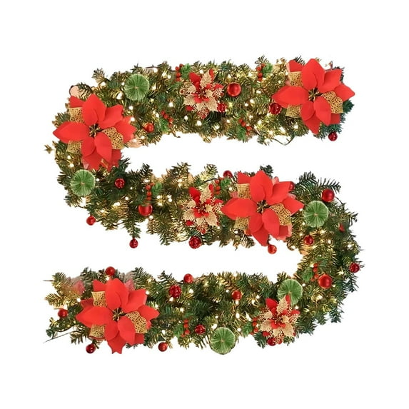 KOYPTL Christmas Garland 9FT Pre-Lit Snow Flocked Christmas Decorations Garland with LED Lights Artificial Green Rattan Xmas Wreath with Berry Gold Leaf for Fireplace Mantle Indoor Home Decor Red