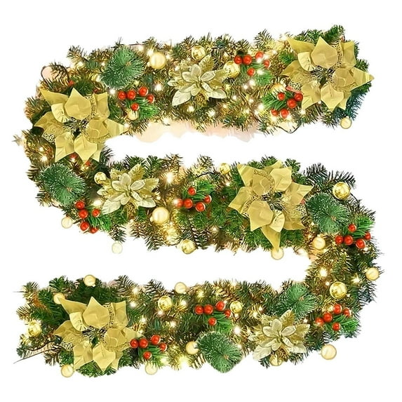 KOYPTL Christmas Garland 9FT Pre-Lit Snow Flocked Christmas Decorations Garland with LED Lights Artificial Green Rattan Xmas Wreath with Berry Gold Leaf for Fireplace Mantle Indoor Home Decor Yellow