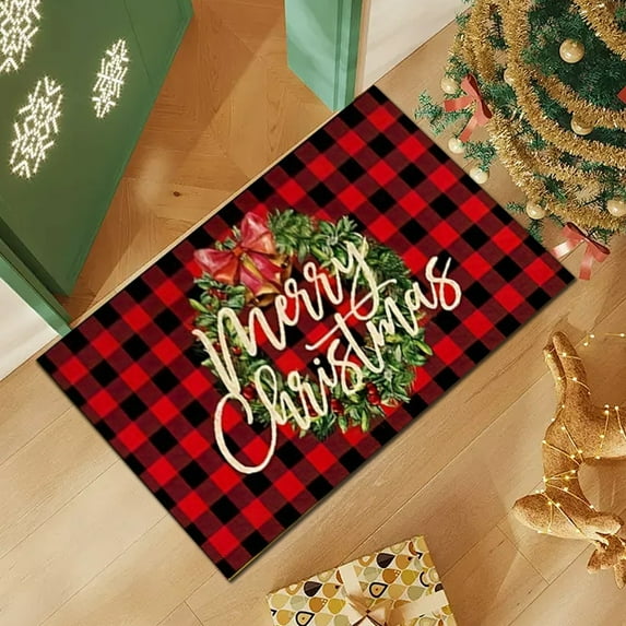KOYPTL Christmas Garland Cartoon Door Mat-24 x 16 Inch,Non Skid Cushioned Welcome Front DoorMat,Dirtproof Comfort Standing Rugs for Winter Holiday Decor Kitchen Home Porch Entrance Floor Yard Outdoor