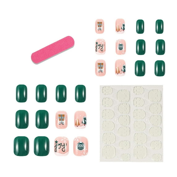 Christmas Green Red Press on Nails,Long Square Fake Nails with Xmas Tree Strips,Acrylic Glitter Glue on Nails Glossy Reusable Winter False Nails for Women Girls Holiday Manicure Daily 24pcs