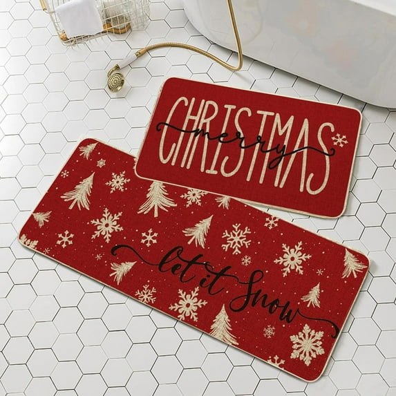 KOYPTL Christmas Kitchen Mats,Vintage Country Kitchen Rugs Set of 2 Red Black Buffalo Plaid Christmas Kitchen Runner Rugs Truck Snowman Decorations for Floor Bathroom Living Room (16*24+16*48Inch)