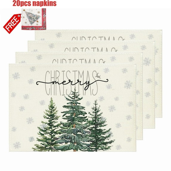 KOYPTL Christmas Placemats Set of 4 12x18 Inch Pine Trees Balls Merry Christmas Table Mats,Winter Red Black Xmas Tree Faux Leather Placemat Non-Slip Washable for Party Kitchen Dining Home Decoration
