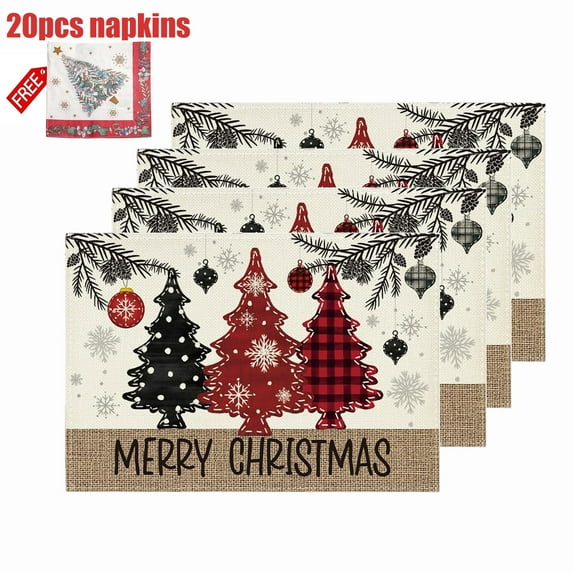 KOYPTL Christmas Placemats Set of 4 12x18 Inch Pine Trees Balls Merry Christmas Table Mats,Winter Red Black Xmas Tree Faux Leather Placemat Non-Slip Washable for Party Kitchen Dining Home Decoration
