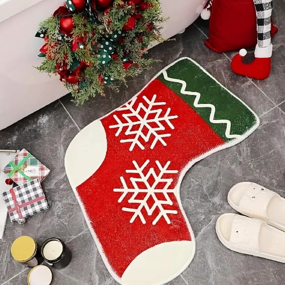 KOYPTL Christmas Wool Spinning Decoration Doormat-32"x20",Xmas Stocking Shaped Shower Welcome Mat,Nonslip Absorbent Washable Bathroom Rug for Front Door Bedroom Floor Tub Kitchen Fireplace Hearth