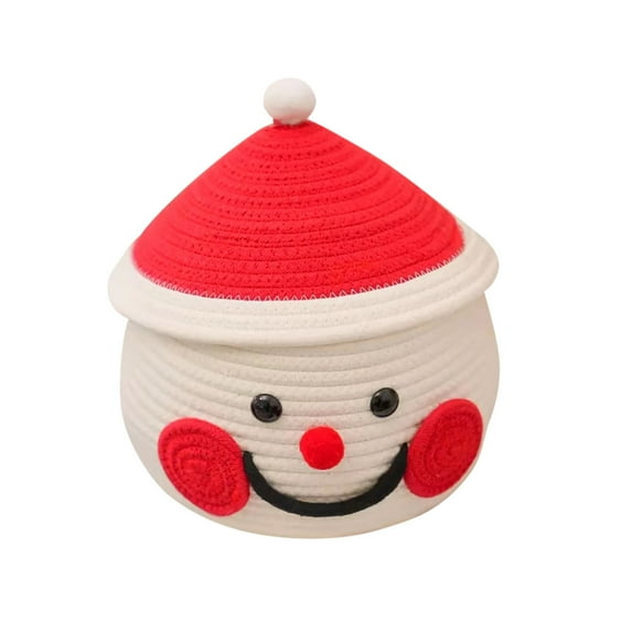 KOYPTL Christmas Snowman Gift Storage Basket with Cotton Rope-10 inch,Christmas Souvenir Box Storage Bucket with Lid,Reusable Column Woven Containers for Candy Snacks Fruit Cosmetics Sundries-Red