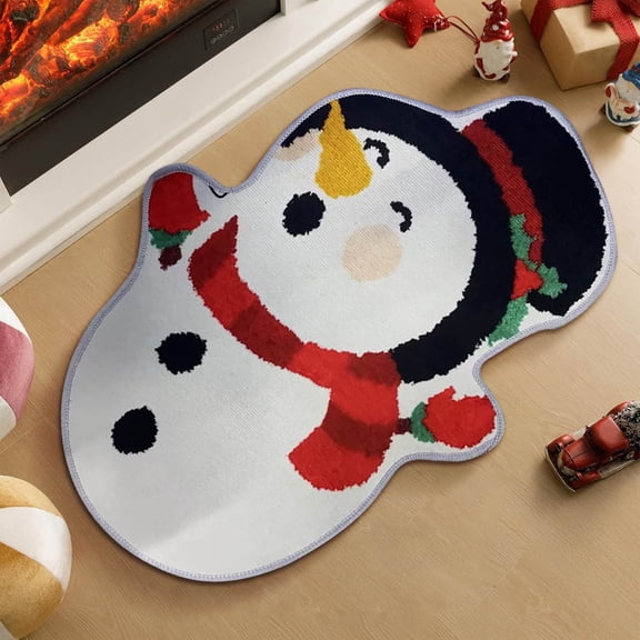 KOYPTL Christmas Snowman Shaped Shower Welcome Foot Mat,Flocked Decoration Doormat-24 x 16 Inch,Winter Non Slip Absorbent Bathroom Rug for Front Door Bedroom Floor Tub Kitchen Fireplace Hearth Carpet