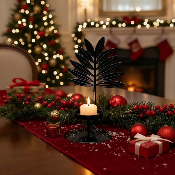 KOYPTL Christmas Tabletop Candlestick Decorations for Wax Rings Trinkets,Black Metal Candle Holder with Rice Dumpling Leaf for Fireplace Tabletop Centerpieces Christmas Winter Holiday Ornaments
