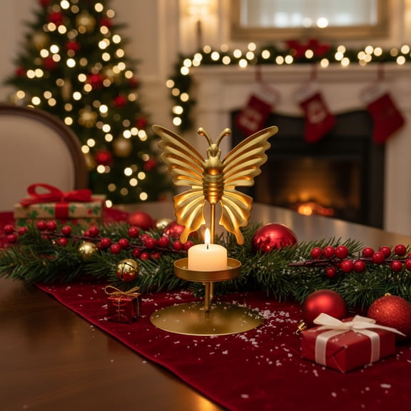 KOYPTL Christmas Tabletop Candlestick Decorations for Wax Rings Trinkets,Gold Metal Candle Holder with Butterflies for Fireplace Tabletop Centerpieces Christmas Winter Holiday Ornaments
