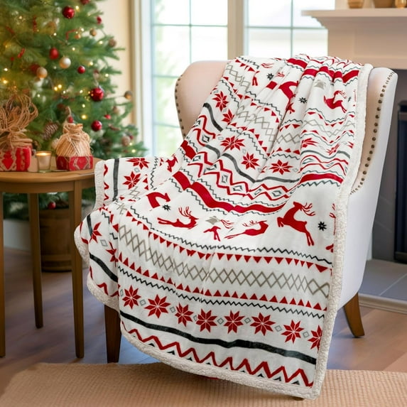 KOYPTL Christmas Throw Blanket-Red White,Coral Fleece Fair Isle Themed Shawl Blankets for Sofa Bed Chair Lounging Office Holiday Winter Home Decoration,Soft Festive Cover Nap Rug Gift for Kids Adults