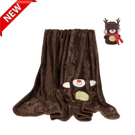 KOYPTL Christmas Throw Blanket,Reversible Coral Fleece Throw with Santa/Reindeer/Snowman/Pig Embroidery,Soft Portable Flannel Blankets for Sofa Bed Office Gift Giving,Holiday Winter Home Ornament Rug