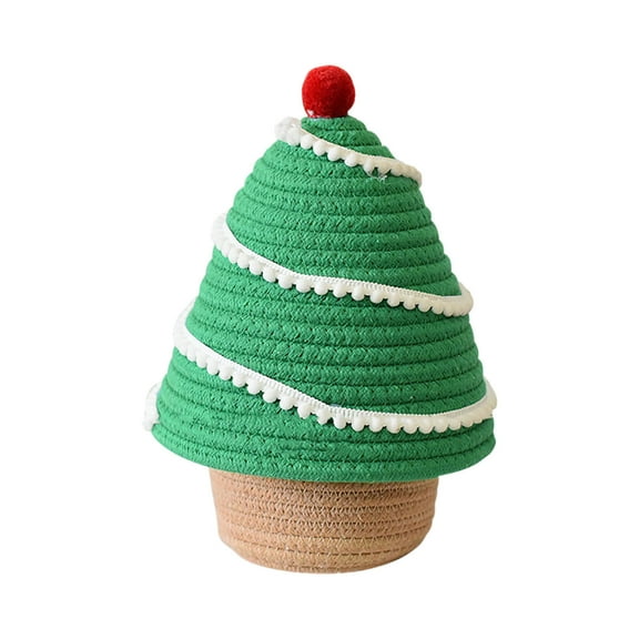 KOYPTL Christmas Tree Gift Storage Basket with Cotton Rope-8 inch,Christmas Souvenir Gift Box Storage Bucket with Lid,Reusable Column Woven Containers for Candy Snacks Fruit Cosmetics Sundries-Green