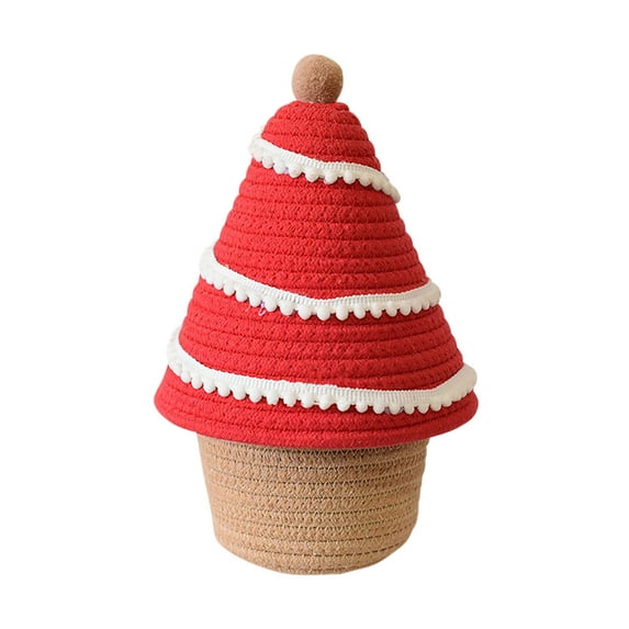 KOYPTL Christmas Tree Gift Storage Basket with Cotton Rope-8 inch,Christmas Souvenir Gift Box Storage Bucket with Lid,Reusable Column Woven Containers for Candy Snacks Fruit Cosmetics Sundries-Red