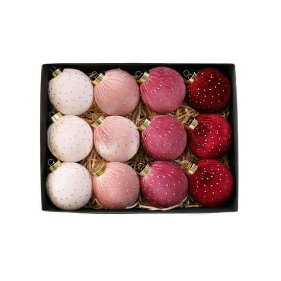 KOYPTL Christmas Tree Ornaments Set Velvet Balls,12pcs Shatterproof Christmas Balls Ornaments for Xmas Tree Decorative Hanging,Vintage Flocked Decoration for Wedding Party Holiday (3.14 inch Pink)