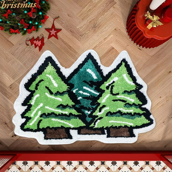 KOYPTL Christmas Tree Shaped Shower Welcome Foot Mat,Green Flocked Decoration Doormat-24"x16",Winter Non Slip Absorbent Bathroom Rug for Front Door Bedroom Floor Tub Kitchen Fireplace Hearth Carpet