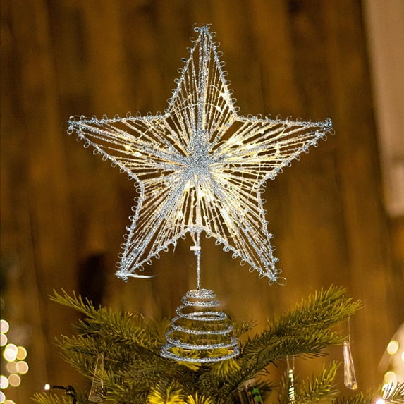 KOYPTL Christmas Tree Topper Star with Led Lights,Iron Star Tree Toppers Decor for Holiday Decor Xmas Tree Decoration for Family Gatherings and Parties,Fit for General Size Xmas Tree(Silver)