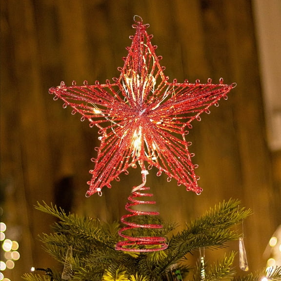 KOYPTL Christmas Tree Topper Star with Led Lights,Iron Star Tree Toppers Decor for Holiday Decor Xmas Tree Decoration for Family Gatherings and Parties,Fit for General Size Xmas Tree(Red)