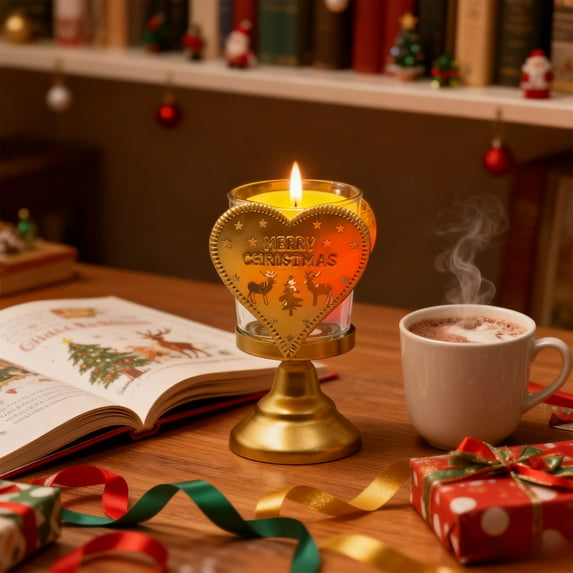 KOYPTL Christmas Vintage Candlestick for Wax Candles Trinkets,Gold Metal Glass Candle Holder with Double-Sides Heart Ornaments for Fireplace Tabletop Centerpieces Christmas Winter Holiday Decoration