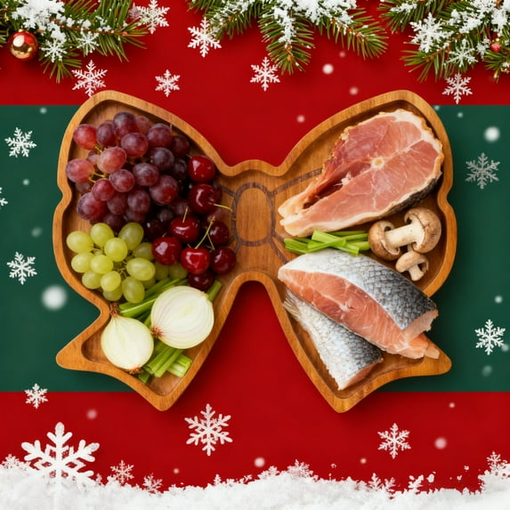 KOYPTL Christmas Wood Serving Platters Bowknot Shape Wooden Appetizer Tray Serving Tray Food Storage Containers for Christmas Holiday Party Supplies Candy Dish Fruit Nuts Desserts Container