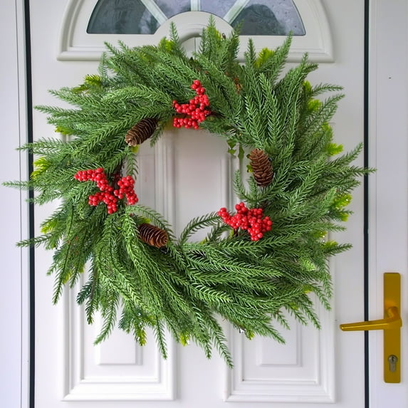 KOYPTL Christmas Wreath Decoration-18in,Christmas Soft Touch Norfolk Needle Wreath for Front Door Christmas Tree Fireplace,Pre-lit Wreath for Window Car Hanging Ornaments Store Xmas Decor Supplies