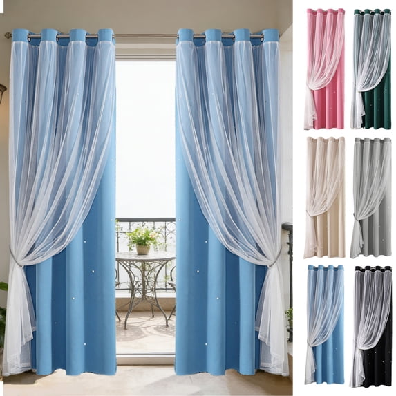 KOYPTL Curtains for Bedroom Decor 84 Inch Double Layer Star Lace Blackout Curtains for Room 2-in-1 Sheer Star Patterns With Blackouts Liner Thermal Insulated Curtains Wall Decor Set of 1 Panel Green