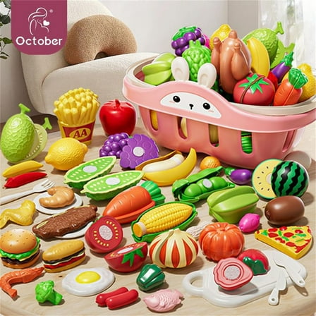 KOYPTL Cutting Play Food Toys For Kids2+,Pretend Play Kitchen Accessories with Fake Fruits Vegetables Set Basket Plastic Board And Knife,Birthday Christmas Gifts Education Toy For Toddler Children 3+