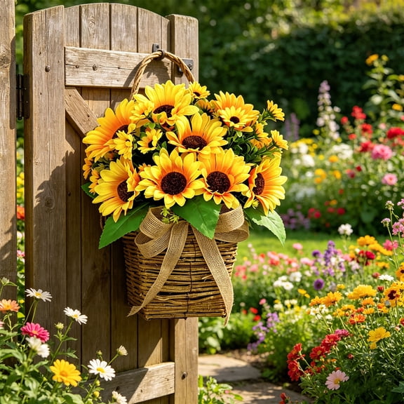 KOYPTL Door Hanger Basket Wreath 13.8 Inch Hanging Sunflower Wreath Beautiful Spring Summer Wreaths for Front Door Welcome Sign Home Porch Courtyard Farmhouse Decor (Yellow)