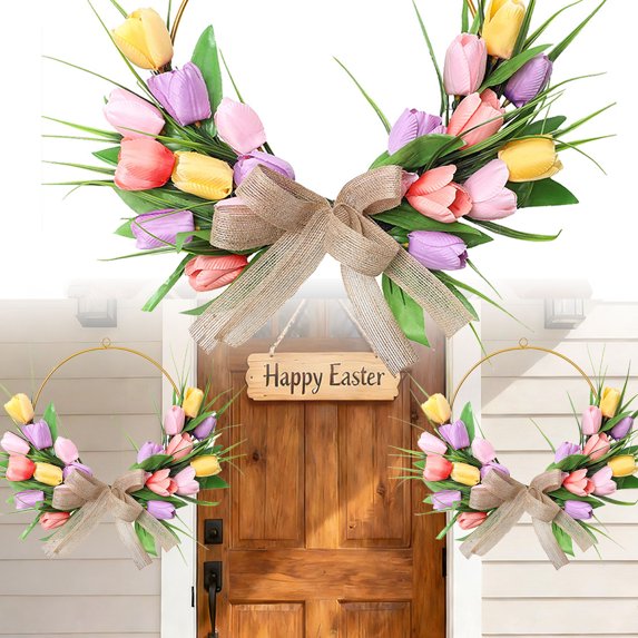 KOYPTL Easter Artificial Tulips Wreath for Front Door Wall Hanging,Tulip Floral Wreath for Spring Outdoor Wedding Porch Door Decorations,Fake Silk Flowers for Valentine Holiday Party Cabinet Window