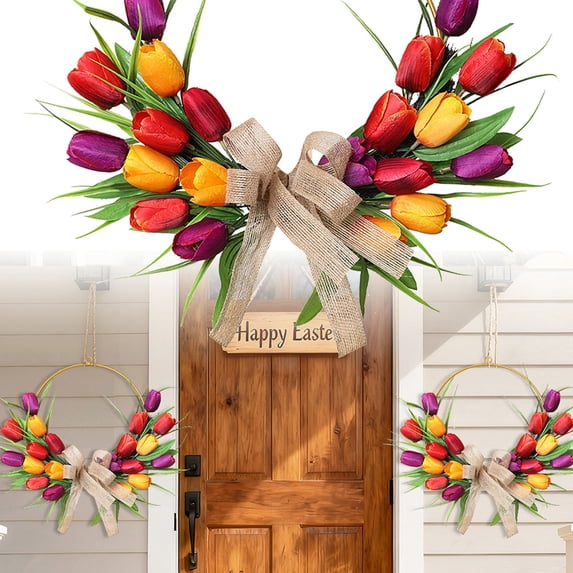 KOYPTL Easter Artificial Tulips Wreath for Front Door Wall Hanging,Tulip Floral Wreath for Spring Outdoor Wedding Porch Door Decorations,Fake Silk Flowers for Valentine Holiday Party Cabinet Window