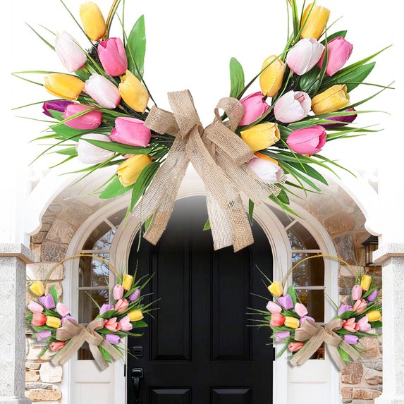 KOYPTL Easter Artificial Tulips Wreath for Front Door Wall Hanging,Tulip Floral Wreath for Spring Outdoor Wedding Porch Door Decorations,Fake Silk Flowers for Valentine Holiday Party Cabinet Window