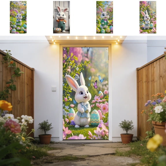 KOYPTL Easter Banner Door Cover 71x35",Colorfull Bunny Eggs Flowers Garden Themed Porch Sign,Reusable Front Door Wall Hanging Farmhouse Backdrop for Holiday Indoor Outdoor Spring Party Decorations