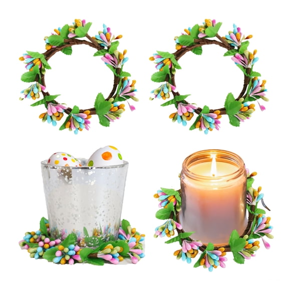 KOYPTL Easter Berry Candle Rings Wreaths Set of 2,Easter Colorful Berry & Green Leaves Pillar Candle Holder Rings Artificial Mini Kitchen Wreaths for Holiday Home Wedding Party Table Centerpiece 4In