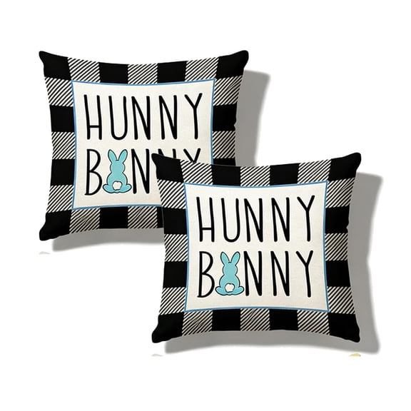 KOYPTL Easter Buffalo Plaid Check Throw Pillow Covers 18x18 Set of 2,Black White Checkered Throw Pillowcase,Farmhouse Linen Cushion Case for Spring Summer Holiday Party Home Bed Couch Sofa Decoration