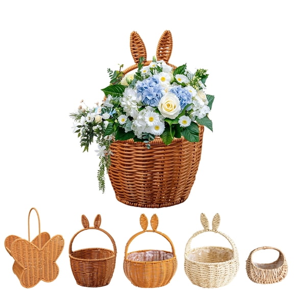 KOYPTL Easter Bunny Baskets for Toddlers Kids,Woven Wicker Basket with Rabbit Ears Handles,Imitation Rattan Flower Baskets,Portable Easter Candy/Eggs Storage Basket Farmhouse Empty Picnic Baskets