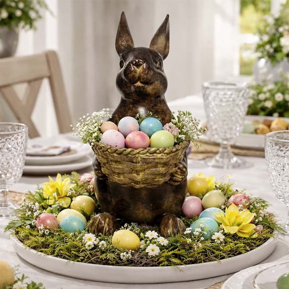 KOYPTL Easter Bunny Figurines, Retro Resin Rabbit Statue Decor Spring Home Ornaments Table Centerpiece for Easter Home Festival Celebration Table Kitchen Indoor Decorations