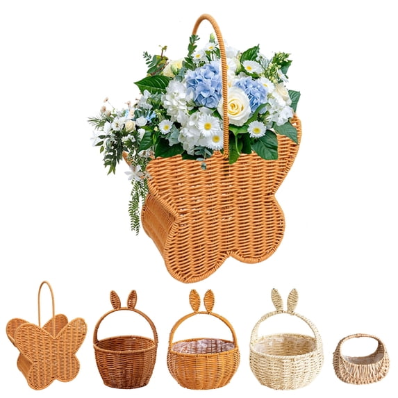 KOYPTL Easter Butterfly Baskets for Toddlers Kids,Woven Wicker Basket with Rabbit Ears Handles,Imitation Rattan Flower Baskets,Portable Easter Candy/Eggs Storage Basket Farmhouse Empty Picnic Baskets