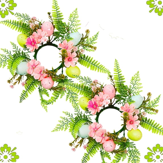 KOYPTL Easter Candle Rings Small Egg Wreaths Set of 2,Green Leaves with Daisy Flowers Spring Egg Candle Holder Rings for Holiday Wedding Home Kitchen Tabletop Centerpecies Wall Door Hanging Decor