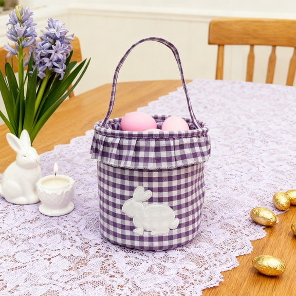 KOYPTL Easter Column Bunny Basket for Toddlers Teens 3 4 6+ Years Old,Purple Plaid Canvas Bucket with Handles & Ruffled for Candy Egg Toys Storage Basket Easter Party Holiday Favors Decorations Tote