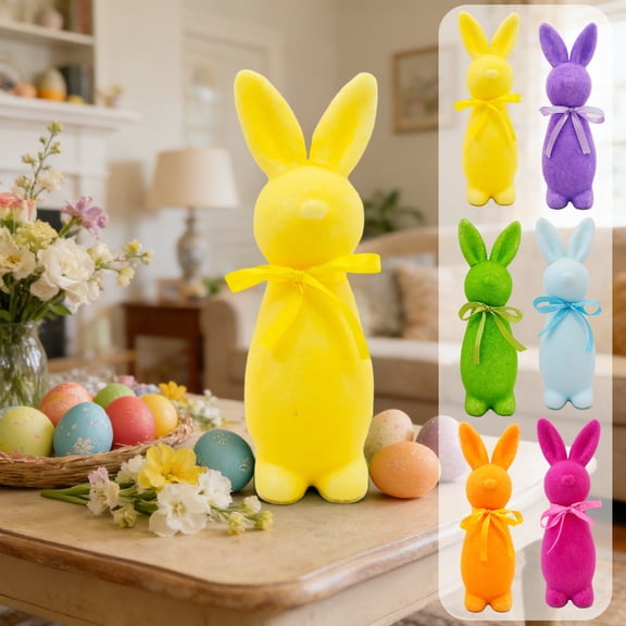 KOYPTL Easter Decorations Flocked Bunny Figurines with Bow, 8.66 inch Small Flocking Foam Rabbit Tabletop Ornaments for Spring Home Living Room Office Party Mantel Tiered Tray Centerpieces, Purple