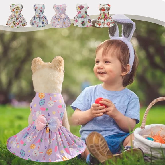 KOYPTL Easter Dog Dress with Bowtie,Festive Bunny & Easter Egg Design for Small/Medium/Large Dogs,Pet Skirt Sweet Bowknot Princess Costume for Rabbit Cat Dog Teddy Spring Summer Wedding Party Holiday