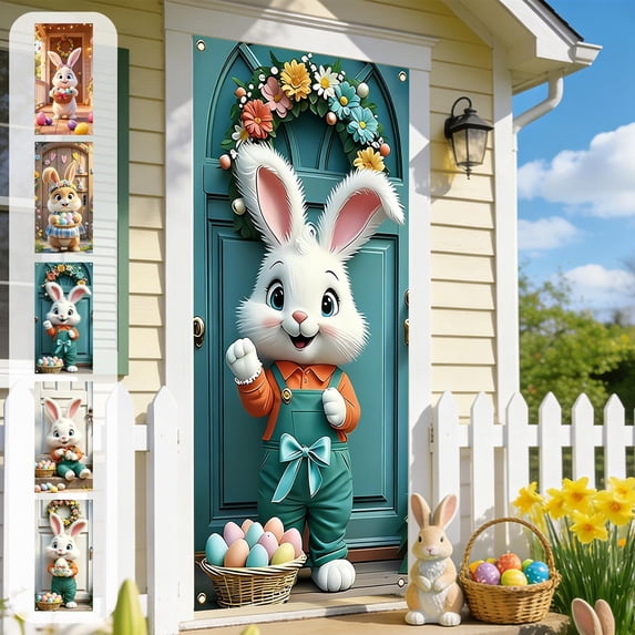 KOYPTL Easter Door Cover Easter Theme Party Decor for Front Door Wall Outdoor Welcome Bunny Door Cover Easter Decorations Hanging Banner Spring Holiday Door Decoration 71 x 35 Inch