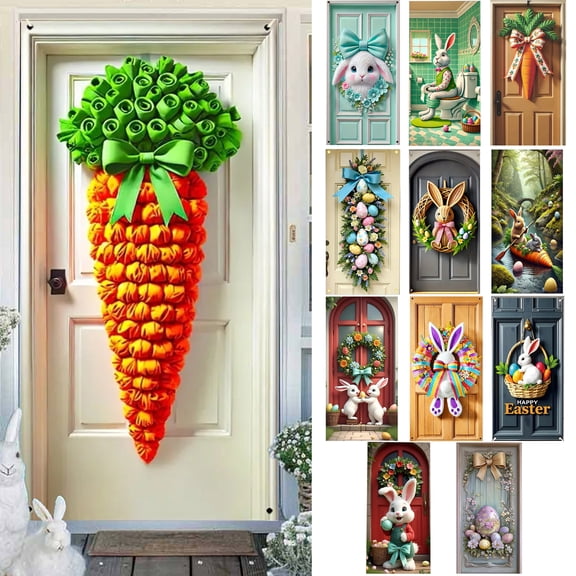 KOYPTL Easter Door Cover for Front Door, Cute Easter Bunny Egg Wreath Pattern for Front Door, Welcome Door Porch Sign Banner for Spring Holiday Party Easter Decorations Indoor, 35.4x70.8 inch, C