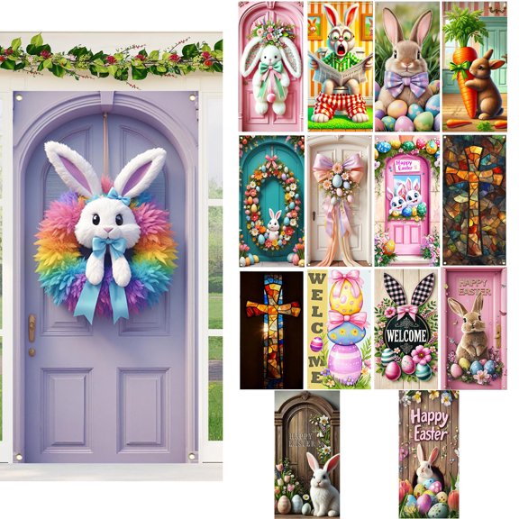 KOYPTL Easter Door Cover for Front Door, Cute Easter Bunny Egg Wreath Pattern for Front Door, Welcome Door Porch Sign Banner for Spring Holiday Party Easter Decorations Indoor, 35.4x70.8 inch, I