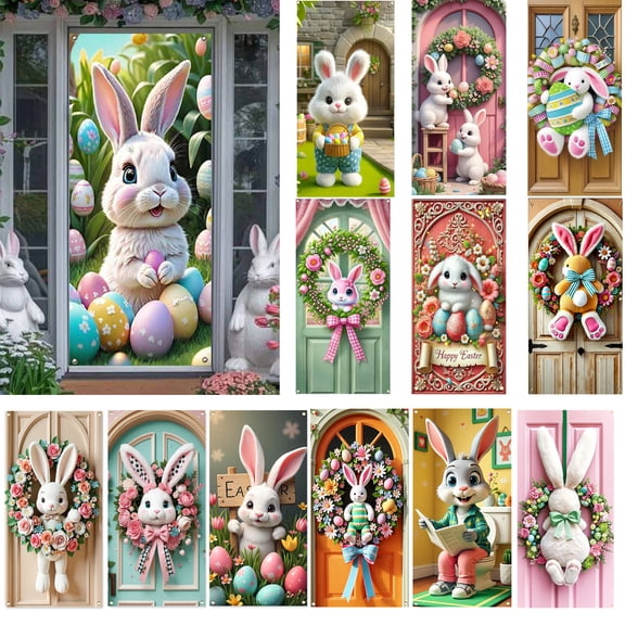 KOYPTL Easter Door Cover for Front Door, Cute Easter Bunny Egg Wreath Pattern for Front Door, Welcome Door Porch Sign Banner for Spring Holiday Party Easter Decorations Indoor, 35.4x70.8 inch, E