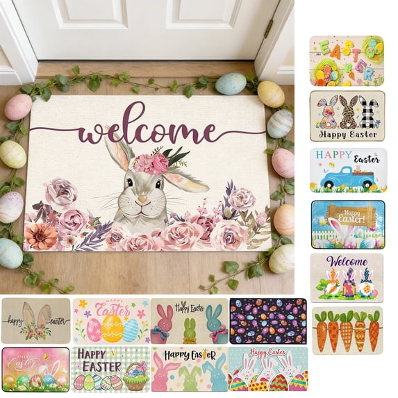 KOYPTL Easter Door Mat, Spring Bunny Floral Flower Indoor Outdoor Non-Slip Doormat, Entryway Front Porch Easter Rabbit Egg Carrot Welcome Door Mat Colorful for Entrance Decorations 16x24 inch, K