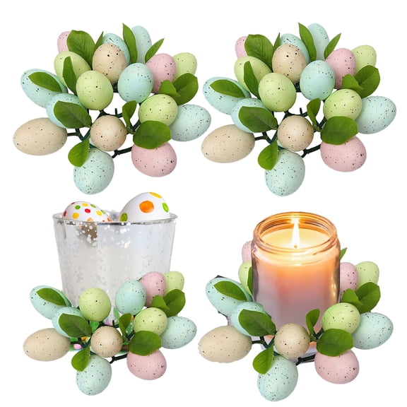 KOYPTL Easter Egg Candle Rings Wreaths Set of 2,Speckled Easter Eggs & Green Leaves Pillar Candle Holder Rings Artificial Kitchen Cabinet Wreaths for Holiday Home Wedding Party Table Centerpiece 9In