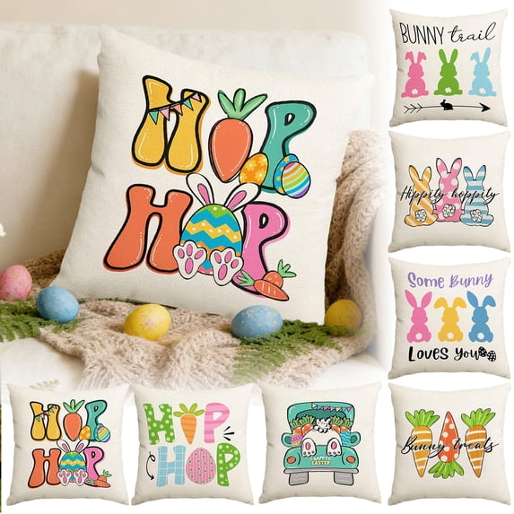 KOYPTL Easter Pillow Covers Decorations 18x18 In Colorful Bunnies Eggs Carrot Throw Pillow Cover for Home Spring Farmhouse Decor,Soft Flax Pillow Cushion Case for Sofa Living Room Couch Bed Ornaments